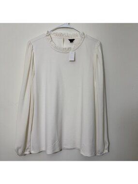Ann Taylor Women’s Ruffled Neck Blouse Size L Pullover Stretch Long Sleeves New